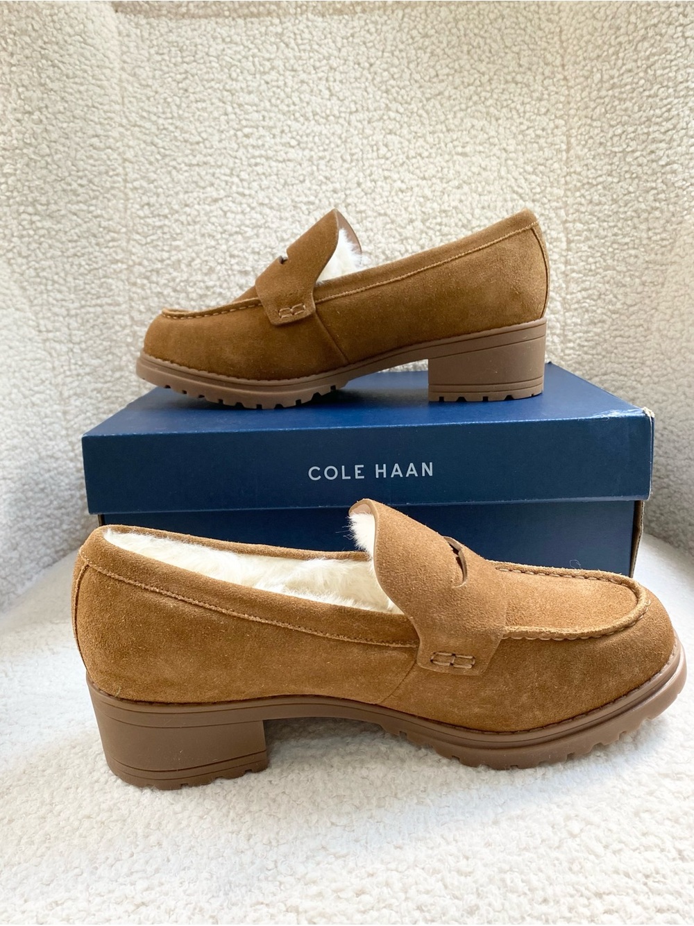 NWT Cole Haan Camea Lug Loafers with Suede Upper and Faux-Fur Interior (Size 7)